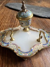 Encrier & Porte Plume Bronze & Albâtre Emaillé Antique Inkwell