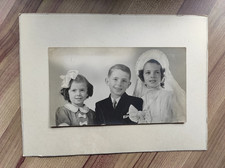 Antique photo on cardboard of 3 children, party, baptism, wedding
