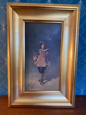 Huile sur panneau R. Guiraud – "Le Mousquetaire", XIXème siècle, 30x15,5cm