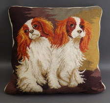 Vintage Cavalier King Charles Spaniel Dog Wool Needlepoint & Velvet Pillow EUC
