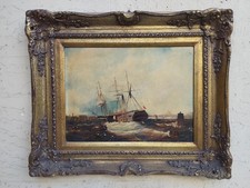 Antique XIX Seconde Carré Peinture Huile Sur Table Marine Avec Vapeur Great L