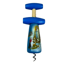 Blue painted wooden corkscrew souvenir of Lourdes, religious decor