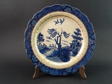 Antique Real Old Willow Booths Plat Porcelaine Anglaise Blanc Bleu Et Or #1801