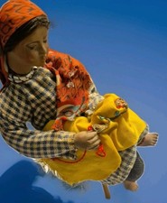 Vtg Indian  Santon Doll  Sitting In A Wooden Chair Sewing 