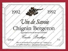 108-12 Etiquette Vin SAVOIE CHIGNIN-BERGERON 1992 CUVÉE PRESTIGE CELLIER desDUCS
