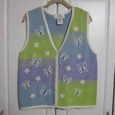 Vintage Mandal Bay Knit Vest Size Med Butterflies with Beads Green/Blue/Purple