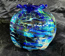COBALT BLUE PAPILLON BOHEMIAN IRIDESCENT CZECH CUK 99' GLASS VASE 5" OVER