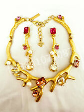 Oscar De La Renta signed Gold Coral With Crystal Necklace and earrings