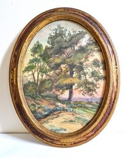 Large 1920s "Landscape" Watercolor, Signed, Oval Wooden Frame. H. 47 cm.