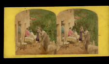 Women drying laundry, vintage print, ca.1870, stereo watercolor print d&#