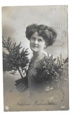 Old postcard old pretty lady with tree branch Merry Christmas