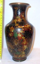 Vtg Large CHINESE CHINA CLOISONNE Floral  Enamel VASE 9.5" GOLD Cloison Wires