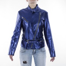 Italien Handmade Femme Authentique Agneau Cuir Veste Motard Bleu Métallique M