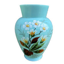 Petit vase turquoise ancien en opaline très fine 19ème peint à la main 18 cm
