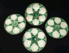 4 ANTIQUE GREEN AND WHITE SLING OYSTER PLATES 