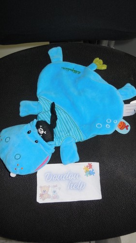 Doudou plat hippopotame bleu - plat,
