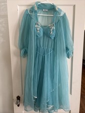 RARE VTG 60s Capri Of California BLUE CHIFFON PEIGNOIR NEGLIGEE Robe Set XS
