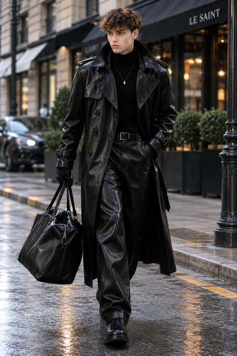 Men black leather trench - black,