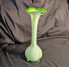 Green Opaline Glass Vase, Floral Shape, Mouth Blown, Murano Style, Vintage