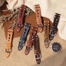 Bracelet Montre En Cuir Rally Vintage Rétro 20Mm 22Mm 24Mm Bleu Vert Beige Noir