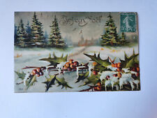 Old postcard Merry Christmas - snow - fir trees