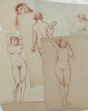 lot 6 dessins anciens nu femme 1900 fin XIX à identifier dlg Henner tableau