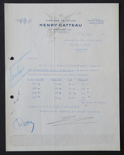 Facture 1933 tissage toile - tissage, de