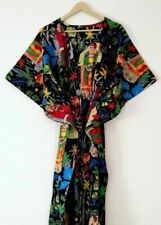 Indian Black Long Frida Kahlo Print Cotton Maxi Women Nightwear Caftan Dress