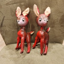 2 Vintage TKR Deer Red Vinyl Faux Leather Sawdust Filled Plush Toys Japan