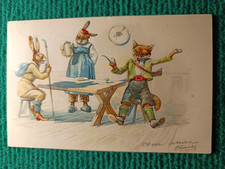 Old postcard - illustrator - two rabbits and a fox discuss at table