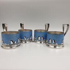 4 SILVER METAL AND ENAMEL GLASS DOOR PARTITION PENGUIN DECOR VINTAGE 70s