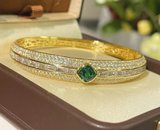 Bracelet Large En Or Jaune 18K Avec Émeraude Et Diamants Pave De Luxe De 7,5"