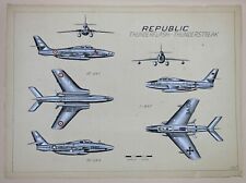 Jean CUNY (1925-1992)  Republic ThunderFlash Avion de combat gouache Fontvieille