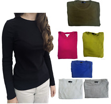 Ladies Marks Ribbed Fitted Top Crew Neck Cotton Long Sleeve Pink White Rib NEW