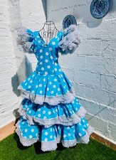 Vintage Flamenco Dress: Blue White Polka Dots, Short Sleeves, Gypsy, Waist 25"