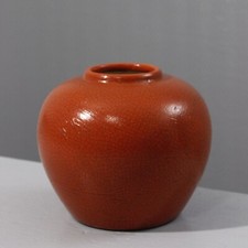 Keramos Sèvres Crackled Orange Enamel Thick Vase France 1950s