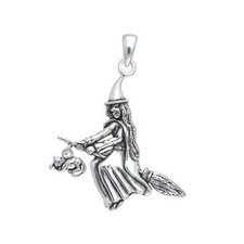 Sorcière Balais Chat Pagan Wicca 925 Argent Sterling Pendentif Halloween Magique