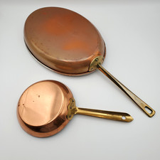 TWO VTG  Copper Pans Nickel Lined Brass Handles B&M Douro Country French