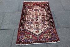 Tapis D'Orient Traditionnel En Laine Blanc Rouge Court Fait Main Usé 142x75cm