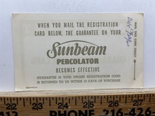 1960s Sunbeam Percolator Registration Warranty Information Card Stub Vintage