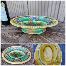 Antique 1900s french barbotine majolica tray centerpiece bowl presentation