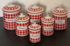 6 Antique BB Graniteware Canisters Brand Enameled Sheet Metal Spice Jars