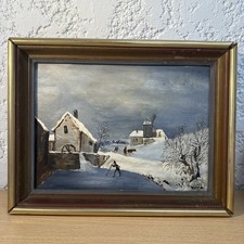 Antique painting snow house mill winter signed by Viva 