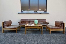 Ensemble de Salon canapé fauteuils modulables table basse en bois et cuir lounge