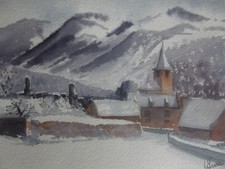 Aquarelle originale signée  paysage des Pyrénées "Estarvielle  sous la neige"