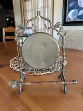 English Antique Naturalistic Table Gong In Brass C. 1880 With Wooden Striker