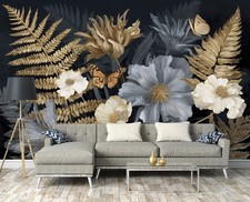 Papier Peint Intissé Panoramique Fleurs Or Blanc Gris XXL Chambre et Salon 13