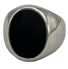 Bague Homme Pierre Ovale Noire Couleur Argent Onyx Lisse Style Élégant/Sportif