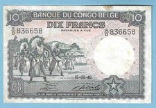 Billet du CONGO BELGE , 10 francs , 1949, TTB