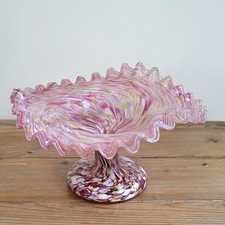 Clichy Coupe en Verre Berlingot Rose  Blanc Soufflé à la Main 21,5 cm vers 1900